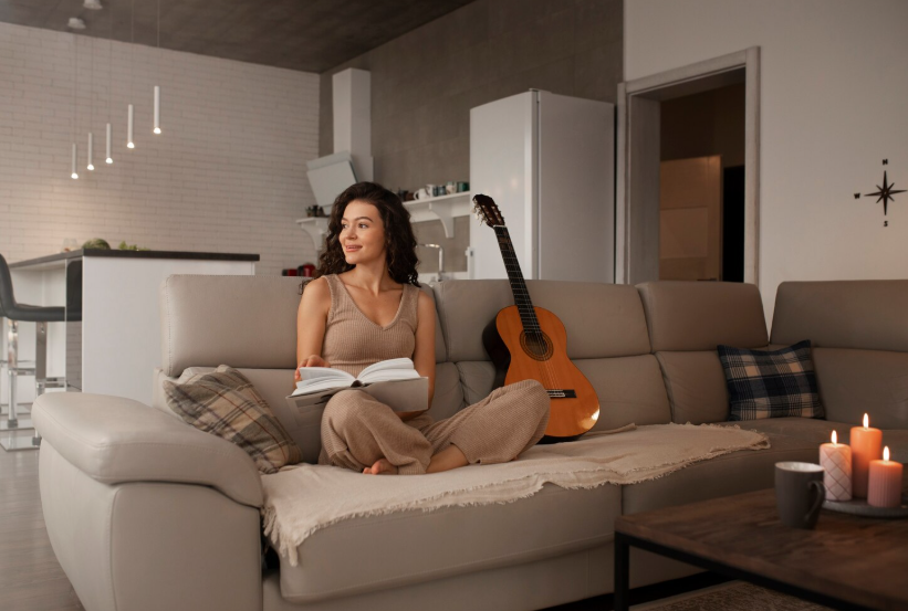 Woman relaxing on a tidy sofa with a book in a cozy living room after a low stress home reset.