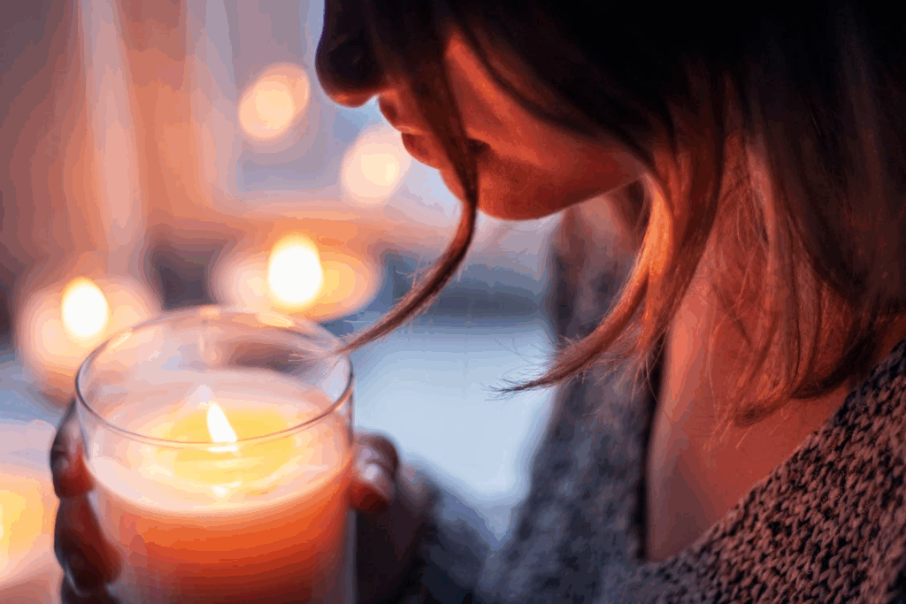 Woman holding a glowing candle during a calming candlelight evening routine.