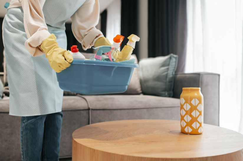 Person carrying a tub of cleaning supplies in a living room before starting natural cleaning routine.