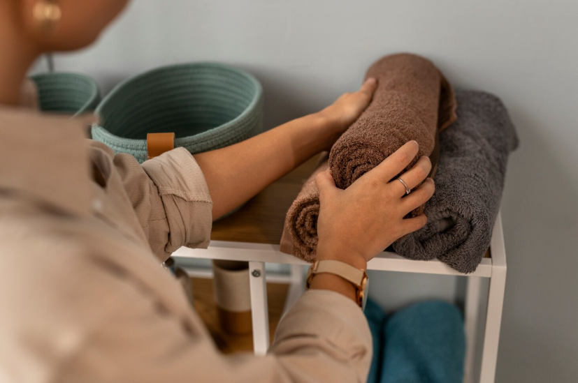 Person mindfully folding rolled towels on a shelf as part of a calming daily home ritual.