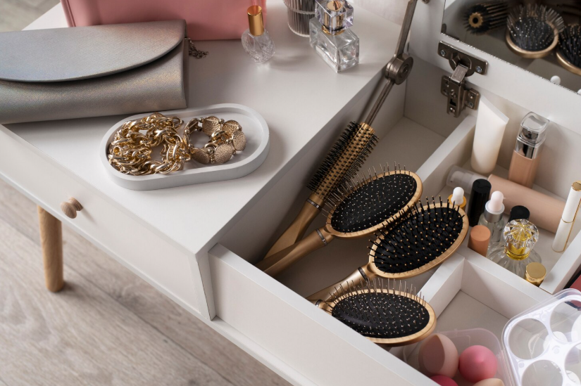 Neatly organized vanity drawer with hairbrushes, jewelry and beauty items after one drawer declutter challenge.