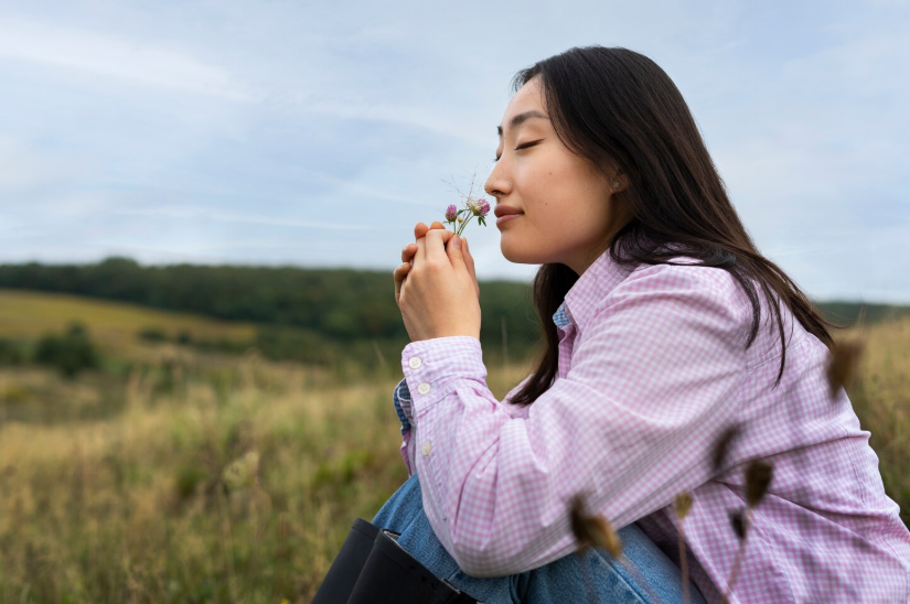 Woman peacefully smelling wildflowers in a field, enjoying simple pleasures in life.